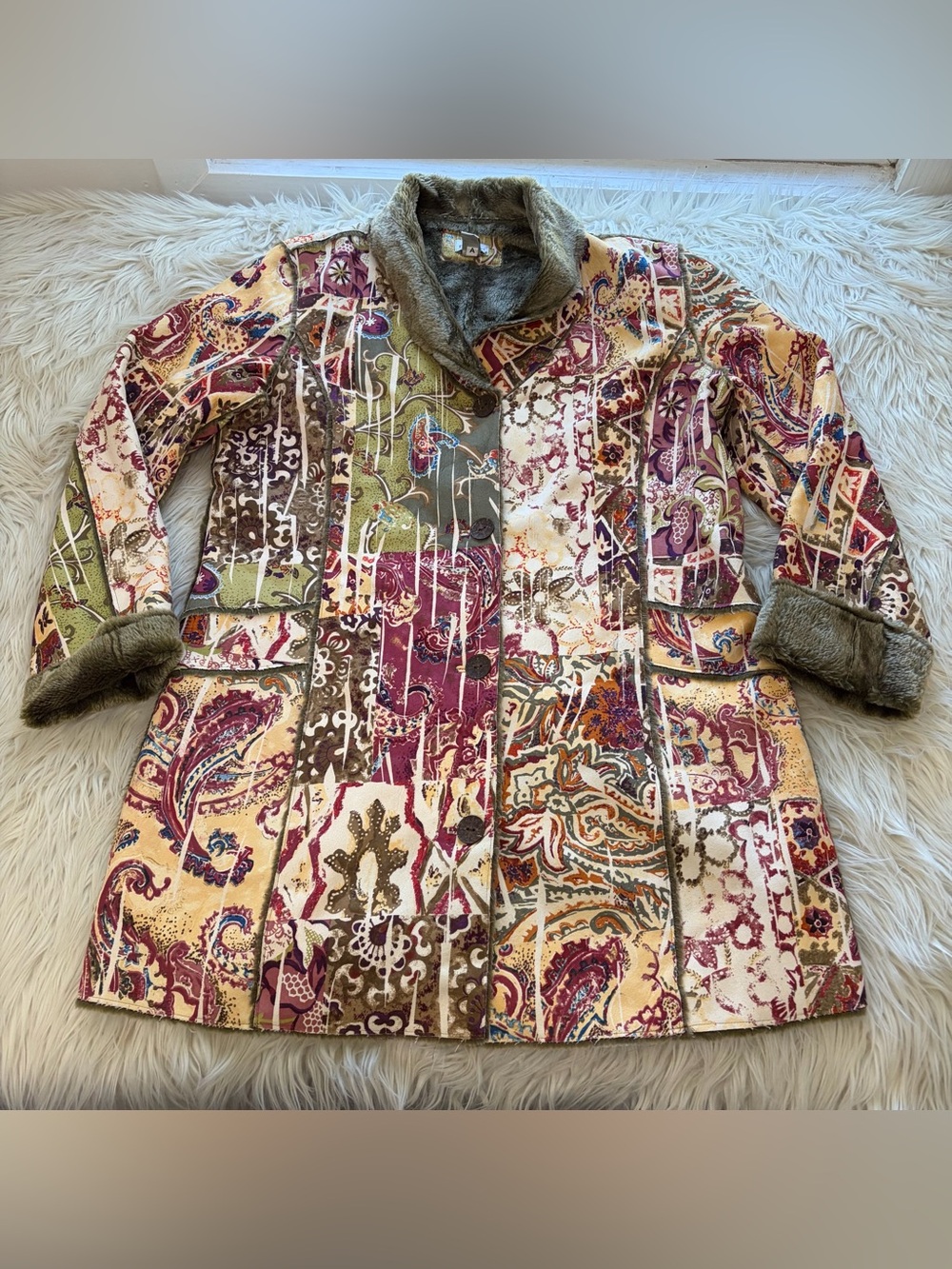 Chico’s Faux Suede Fur Lined Coat Jacket Size 2 Abstract Print Boho Art To Wear